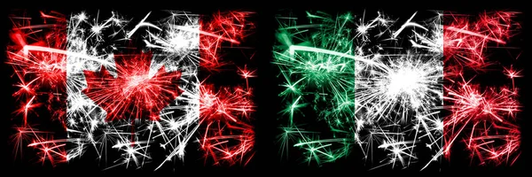 カナダ、カナダ対イタリア、イタリアの新年のお祝い輝く花火の旗のコンセプトの背景。2つの抽象的な状態フラグの組み合わせ — ストック写真
