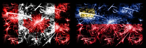 Kanada, kanadisch vs liechtenstein, liechtensteins Neujahrsfeier funkelndes Feuerwerk Flaggen Konzept Hintergrund. Kombination aus zwei abstrakten Staaten Flaggen — Stockfoto