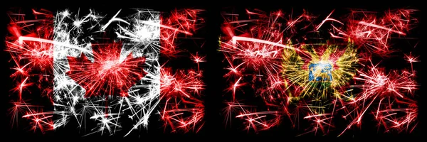 Kanada, Kanaďan vs Černá Hora, Černá Hora Nový rok oslavy jiskřivé ohňostroje vlajky koncept pozadí. Kombinace dvou abstraktních stavových příznaků — Stock fotografie