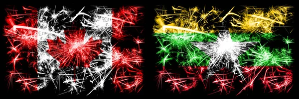 캐나다, 캐나다, 미얀마와 미얀마의 새해 기념 불꽃놀이 컨셉트 배경. 두 개의 추상 국가가 결합 된 깃발 — 스톡 사진