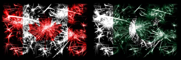 カナダ、カナダ対パキスタン、パキスタンの新年のお祝い輝く花火の旗のコンセプトの背景。2つの抽象的な状態フラグの組み合わせ — ストック写真
