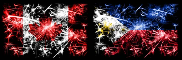 カナダ、カナダ対フィリピン、フィリピンの新年のお祝い輝く花火の旗の概念の背景。2つの抽象的な状態フラグの組み合わせ — ストック写真