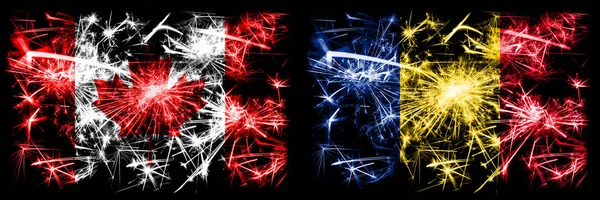 Canada, Canadian vs Romania, Romanian New Year celebration sparkling fireworks flags concept background. Combination of two abstract states flags