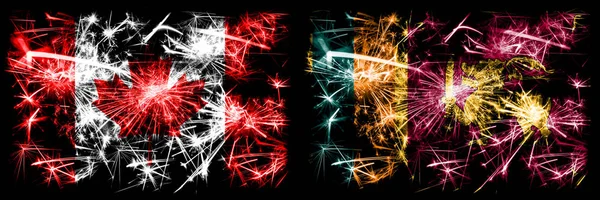 Canada, Canadian vs Sri Lanka, Sri Lankan New Year celebration sparkling fireworks flags concept background. Combination of two abstract states flags — Stock Photo, Image