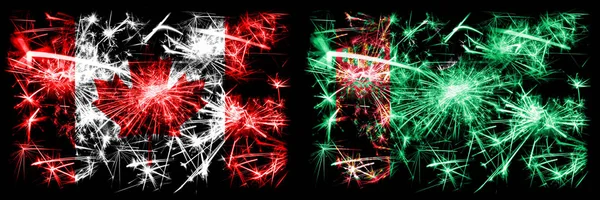 Canada, Canadian vs Turkmenistan, Turkmenistans New Year celebration sparkling fireworks flags concept background. Combination of two abstract states flags — Stock Photo, Image
