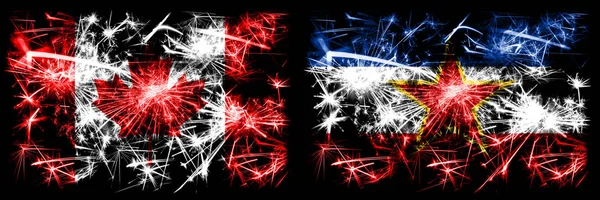 Canada, Canada vs Yougoslavie, Fête du Nouvel An yougoslave feux d'artifice scintillants concept fond. Combinaison de deux drapeaux d'états abstraits — Photo
