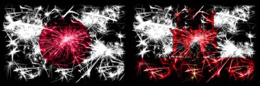 Japonya, Japonlara karşı Cebelitarık Yeni Yıl kutlamaları parlak havai fişek bayrakları konsepti. İki soyut durum bayraklarının birleşimi