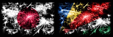 Japonya, Japonlar Seyşeller 'e karşı, Seyşeller Yeni Yıl kutlamaları, parlak havai fişek bayrakları konsepti. İki soyut durum bayraklarının birleşimi