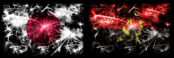 Japan, Japanese vs Angola, Angolan New Year celebration sparkling fireworks flags concept background. Combination of two abstract states flags
