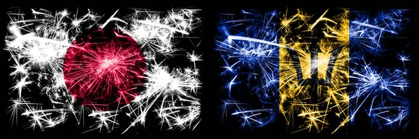 Japan, Japan vs Barbados, barbadische Neujahrsfeier funkelnden Feuerwerk Flaggen Konzept Hintergrund. Kombination aus zwei abstrakten Staaten Flaggen — Stockfoto