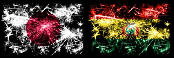 Japan, Japanese vs Bolivia, Bolivian New Year celebration sparkling fireworks flags concept background. Combination of two abstract states flags