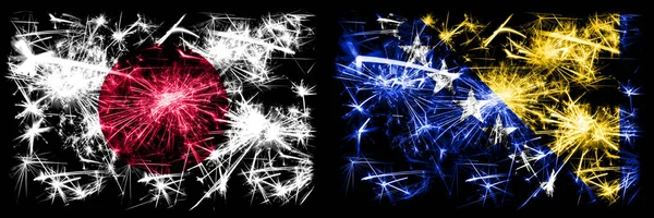 Japan, Japanese vs Bosnia and Herzegovina, Bosnian New Year celebration sparkling fireworks flags concept background. Combination of two abstract states flags
