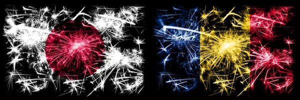 Japan, Japanese vs Chad, Chadian New Year celebration sparkling fireworks flags concept background. Combination of two abstract states flags