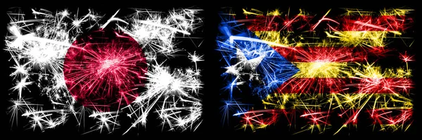 Japón, Japón vs Cataluña, España Año Nuevo celebración de fuegos artificiales brillantes banderas concepto de fondo. Combinación de dos banderas de estados abstractos —  Fotos de Stock