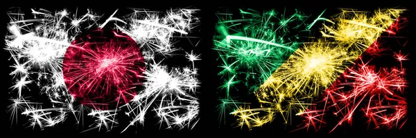 Japan, Japanese vs Congo, Congolese New Year celebration sparkling fireworks flags concept background. Combination of two abstract states flags — Stock Photo, Image