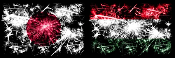 Japan, Japan vs Ungarn, ungarische Neujahrsfeier funkelnden Feuerwerk Flaggen Konzept Hintergrund. Kombination aus zwei abstrakten Staaten Flaggen — Stockfoto