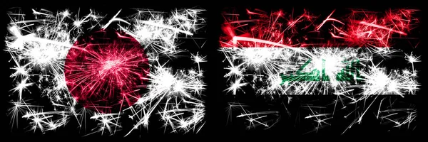 Japan, Japanese vs Iraq, Iraqi New Year celebration sparkling fireworks flags concept background. Combination of two abstract states flags — Stock Photo, Image