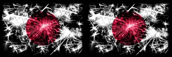 Japan, Japanese vs Japan, Japanese New Year celebration sparkling fireworks flags concept background. Combination of two abstract states flags