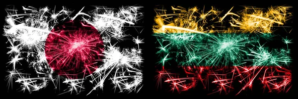 Japan, Japan vs Litauen, litauische Neujahrsfeier funkelnden Feuerwerk Flaggen Konzept Hintergrund. Kombination aus zwei abstrakten Staaten Flaggen — Stockfoto