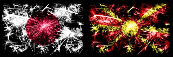 日本、日本、マケドニア、マケドニアの新年は輝く花火の旗の概念の背景を祝う。2つの抽象的な状態フラグの組み合わせ — ストック写真