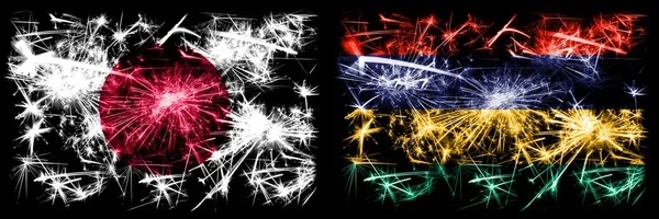 Japan, japan vs mauritius, mauritianische Neujahrsfeier funkelndes Feuerwerk Flaggen Konzept Hintergrund. Kombination aus zwei abstrakten Staaten Flaggen — Stockfoto