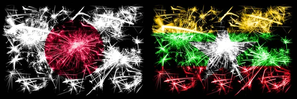 Japonia, Japończycy vs Myanmar Nowy Rok świętować musujące fajerwerki flagi tle koncepcji. Połączenie dwóch flag stanów abstrakcyjnych — Zdjęcie stockowe