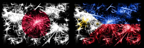 日本、日本とフィリピン、フィリピンの新年のお祝い輝く花火の旗のコンセプトの背景。2つの抽象的な状態フラグの組み合わせ — ストック写真