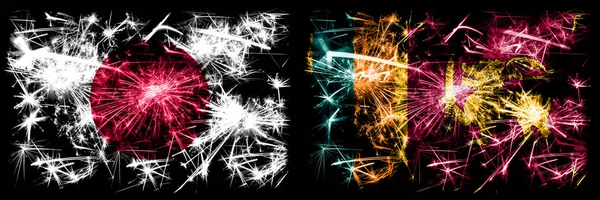 Japan, Japanese vs Sri Lanka, Sri Lankan New Year celebration sparkling fireworks flags concept background. Combination of two abstract states flags