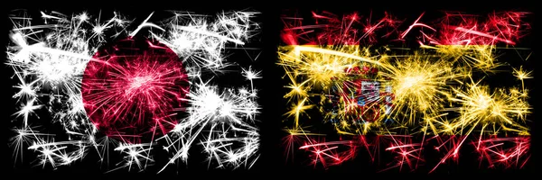 일본, 일본 vs 스페인, 스페인 새해 축하 불꽃놀이 컨셉 배경. 두 개의 추상 국가가 결합 된 깃발 — 스톡 사진