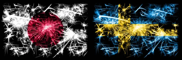 Japan, Japan vs Schweden, schwedische Neujahrsfeier funkelnden Feuerwerk Flaggen Konzept Hintergrund. Kombination aus zwei abstrakten Staaten Flaggen — Stockfoto
