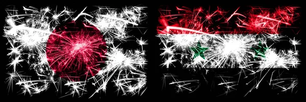 日本、日本、シリア、シリアの新年のお祝い輝く花火の旗の概念の背景。2つの抽象的な状態フラグの組み合わせ — ストック写真