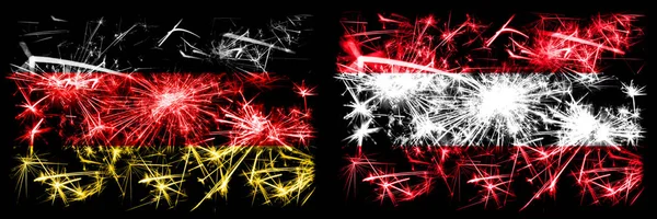 Alemanha, Alemanha vs Áustria, celebração do Ano Novo austríaco viagem fogos de artifício cintilantes bandeiras fundo conceito. Combinação de duas bandeiras de estados abstratos . — Fotografia de Stock