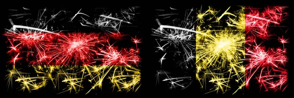 Duitsland, Duits vs België, Belgisch nieuwjaarsfeest reizen sprankelend vuurwerk vlaggen concept achtergrond. Combinatie van twee abstracte vlaggen. — Stockfoto