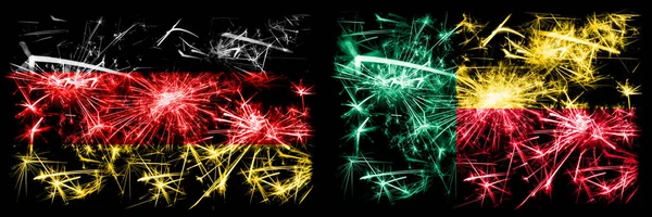 Německo, německy vs Benin, Beninese Silvestr oslavy cestování jiskřivé ohňostroje vlajky koncept pozadí. Kombinace dvou abstraktních stavových příznaků. — Stock fotografie
