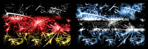 Germany, German vs Botswana, Botswanan New Year celebration travel sparkling fireworks flags concept background. Combination of two abstract states flags. — Stock Photo, Image