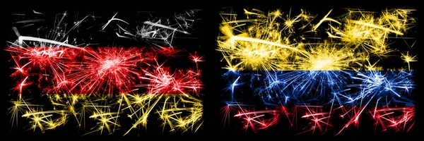 Alemanha, Alemanha vs Colômbia, celebração do Ano Novo colombiano viajar fogos de artifício cintilantes bandeiras fundo conceito. Combinação de duas bandeiras de estados abstratos . — Fotografia de Stock
