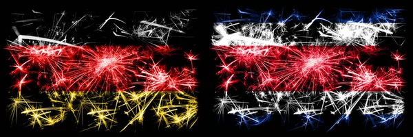 Германия, Германия против Коста-Рики Новый год путешествия сверкающие фейерверки флаги концепция фона. Сочетание двух абстрактных флагов состояний . — стоковое фото