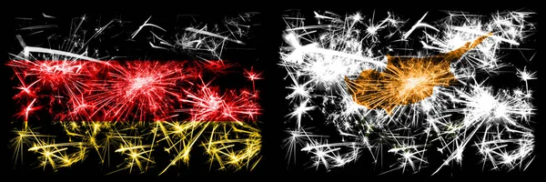 Германия, Германия против Кипра, Кипрский новогодний праздник путешествия искрящийся фейерверк флаги концепция фона. Сочетание двух абстрактных флагов состояний . — стоковое фото