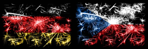 Niemcy, Niemcy i Czechy Nowy Rok obchody podróży musujące fajerwerki flagi tle koncepcji. Połączenie dwóch flag stanów abstrakcyjnych. — Zdjęcie stockowe