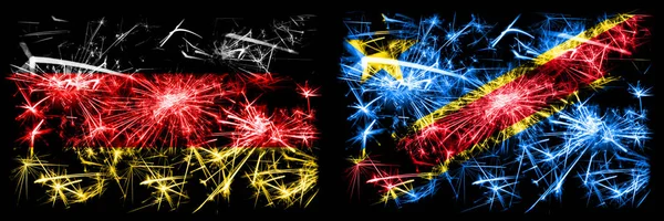 Niemcy, Niemiecki vs Demokratyczna Republika Konga Nowy Rok obchody podróży musujące fajerwerki flagi tle koncepcji. Połączenie dwóch flag stanów abstrakcyjnych. — Zdjęcie stockowe