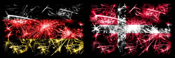 Deutschland, Deutschland vs Dänemark, dänische Neujahrsfeier reisen funkelnde Feuerwerk Flaggen Konzept Hintergrund. Kombination aus zwei abstrakten Staaten Flaggen. — Stockfoto
