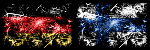 Alemania, Alemania vs Finlandia, FInnish celebración de Año Nuevo viajes chispeantes banderas de fuegos artificiales concepto de fondo. Combinación de dos banderas de estados abstractos . —  Fotos de Stock