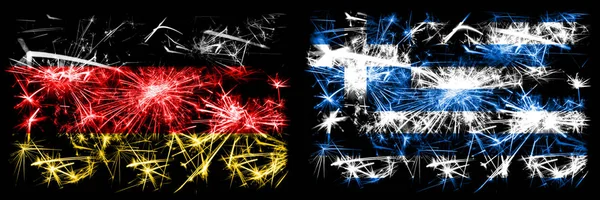Germany, German vs Greece, Greek New Year celebration travel sparkling fireworks flags concept background. Combination of two abstract states flags.