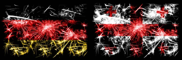 Германия, Германия против Грузии, Грузия Новый год путешествия сверкающие фейерверки флаги концептуальный фон. Сочетание двух абстрактных флагов состояний . — стоковое фото