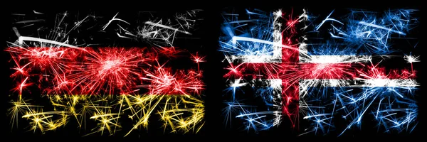 Alemania, Alemania vs Islandia, la celebración del Año Nuevo islandés viajes brillantes banderas de fuegos artificiales concepto de fondo. Combinación de dos banderas de estados abstractos . —  Fotos de Stock
