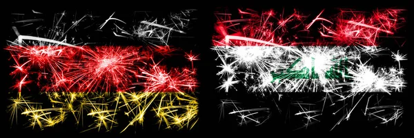 Deutschland, deutsch vs irak, irakische Neujahrsfeier reisen funkelnde Feuerwerk Flaggen Konzept Hintergrund. Kombination aus zwei abstrakten Staaten Flaggen. — Stockfoto