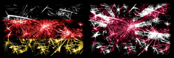 Alemania, Alemania vs Japón, Japón, sol celebración de Año Nuevo viajes chispeantes banderas de fuegos artificiales concepto de fondo. Combinación de dos banderas de estados abstractos . —  Fotos de Stock
