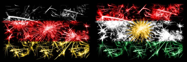 Germany, German vs Kurdistan, Kurdish New Year celebration travel sparkling fireworks flags concept background. Combination of two abstract states flags. — Stock Photo, Image