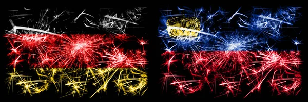 Alemanha, Alemão vs Liechtenstein, a celebração do Ano Novo de Filadélfia viaja com fogos de artifício cintilantes fundo conceito bandeiras. Combinação de duas bandeiras de estados abstratos . — Fotografia de Stock