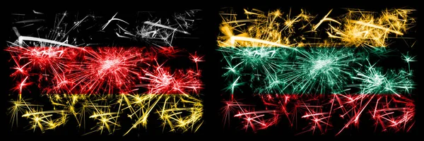 Niemcy, niemiecki vs Litwa, litewski Nowy Rok obchody podróży musujące fajerwerki flagi tle koncepcji. Połączenie dwóch flag stanów abstrakcyjnych. — Zdjęcie stockowe